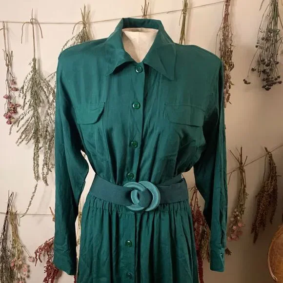 COPY - NWT Vintage Ellen Ashley Green Silk Long Sleeve Pleated Shirt Dress Size… - Picture 2 of 7